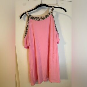 Chic Pink Women's Cold Shoulder Top with Leopard Accents